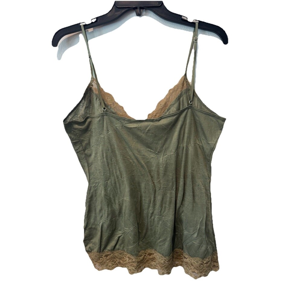 Y2K Babydoll Olive Crinkle Camisole Lace Trim Boho Grunge Adjustable Straps L - Picture 7 of 7